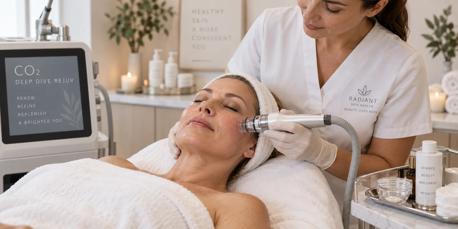 Medical aesthetician performing a CO2 deep dive facial rejuvenation treatment on a relaxed female client at Radiant Skin Health spa.