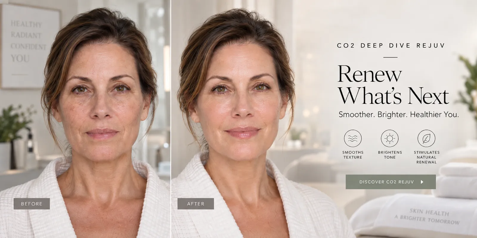 Before and after CO2 deep dive rejuvenation treatment showing smoother, brighter skin at Radiant Glo Medi Spa Scarborough.