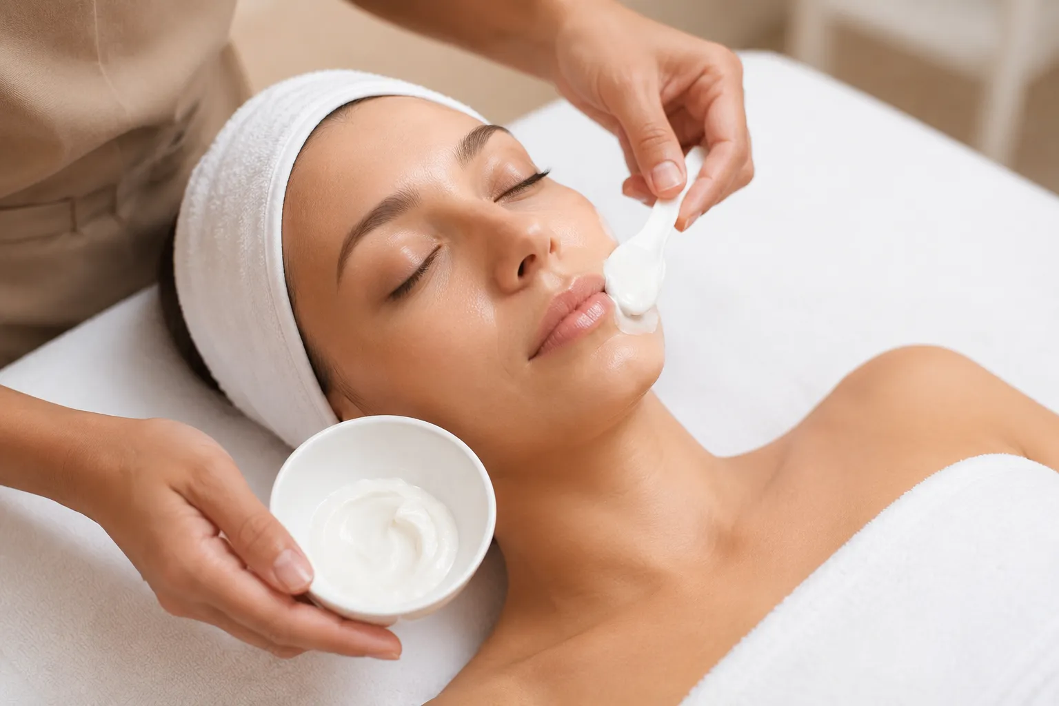 Esthetician applying a white cream mask to a relaxed client at Radiant Glo Medi Spa Scarborough.